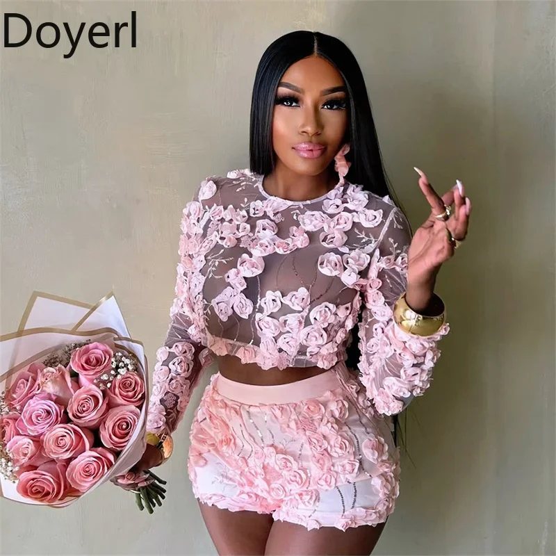 

Doyerl Appliques Festival Outfits Woman Two Piece Set Y2K Mesh See Through Long Sleeve Crop Top and Shorts New in Matching Sets