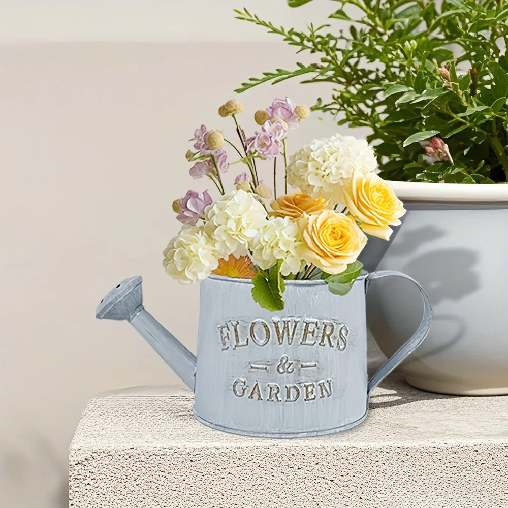 Retro Decorative Metal Watering Can Embossed Flowers Garden Kettle Rustic Style Indoor Plant Irrigation Sprinkler Pot