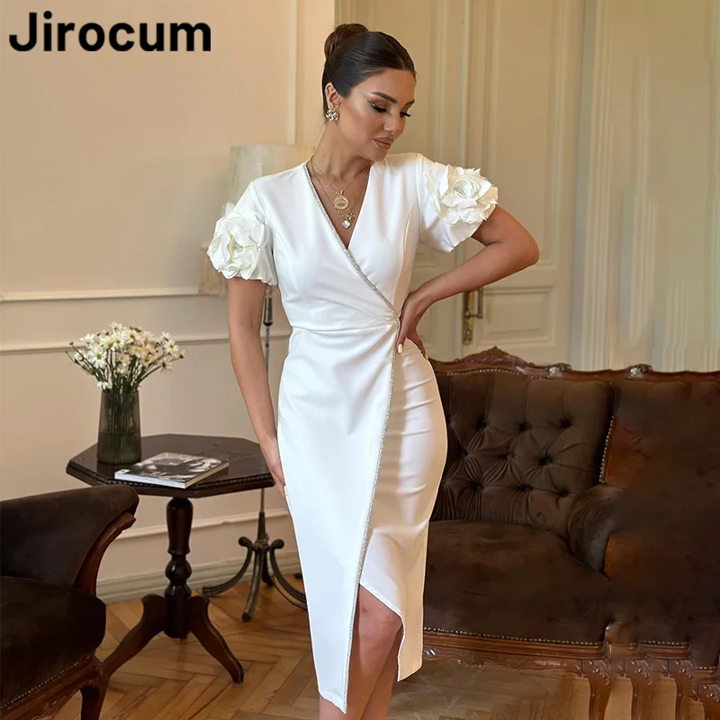 

Jirocum Elegant Ivory Prom Dress Women V Neck Floral Beads Short Sleeve Party Evening Dresses Tea Length Formal Occasion Gown