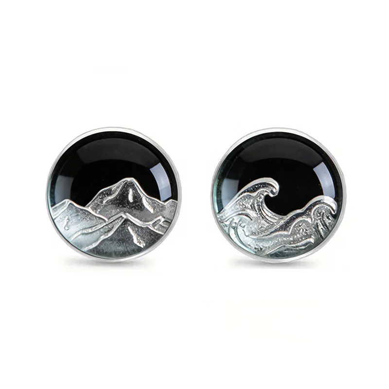 Minimalistische asymmetrische Ohrstecker mit schwarzem Berg und Welle für Frauen, Edelstahl-Glas-Ohrringe, Schmuck, Geschenke