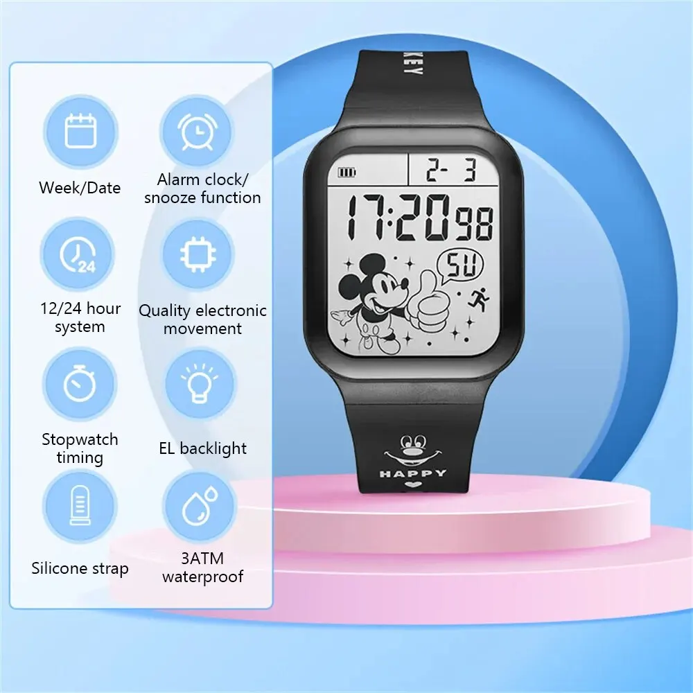 Disney jam tangan elektronik anak, jam tangan elektronik, Jam Alarm silikon berpendar, anti air, hadiah ulang tahun