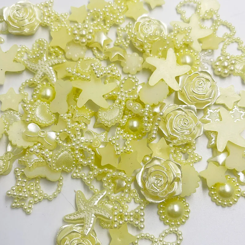 100pcs Yellow ABS Resin Half Round flower Bow Alien Pearls For Art Flatback Non Hotfix Rhinestones Pearl Shoes Beads DIY