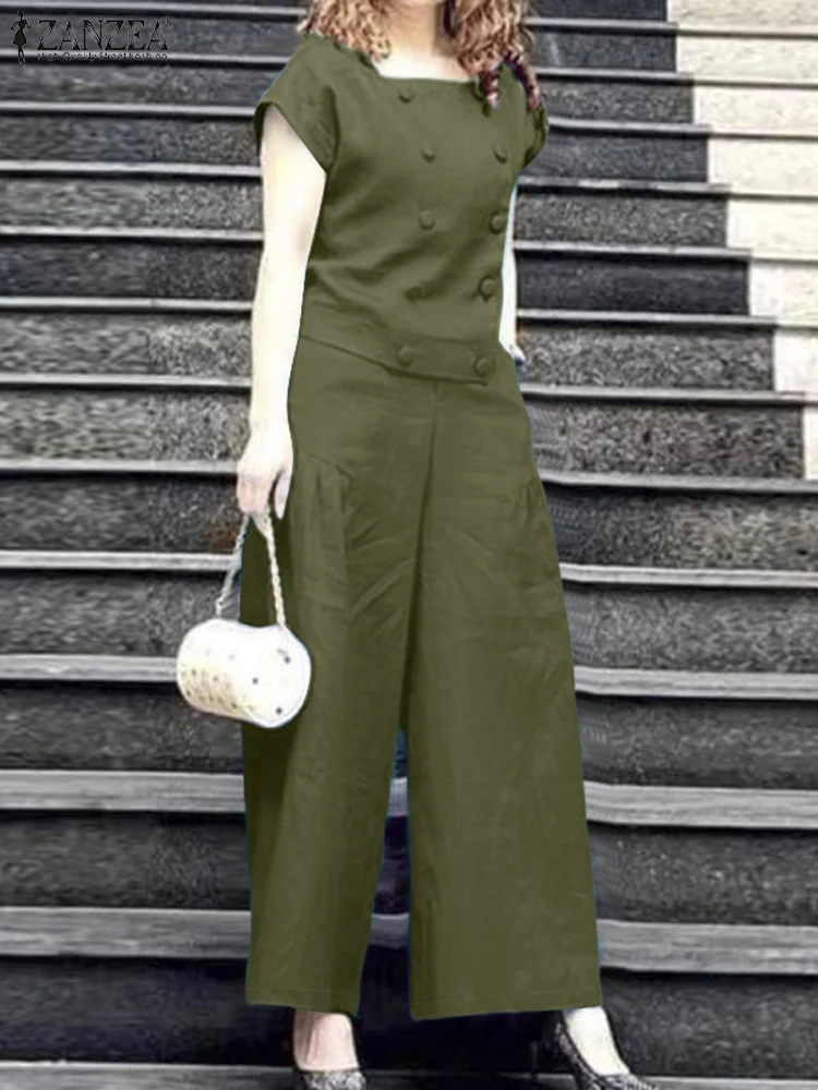 ZANZEA Women Elegant 2PCS Wide Leg Trousers Suits Summer Casual Commute Tracksuit Fashion Short Sleeve Blouse Solid Pants Sets
