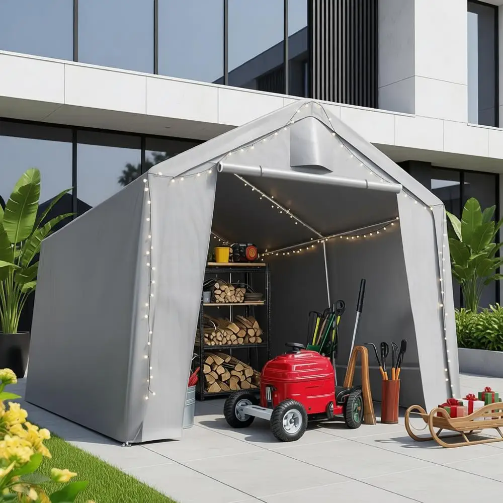 

Durable 10x12ft Carport with Roll-Up Windows, Reinforced Frame, Portable Garage, Motorcycle Shelter, Outdoor Equipment Cover - S