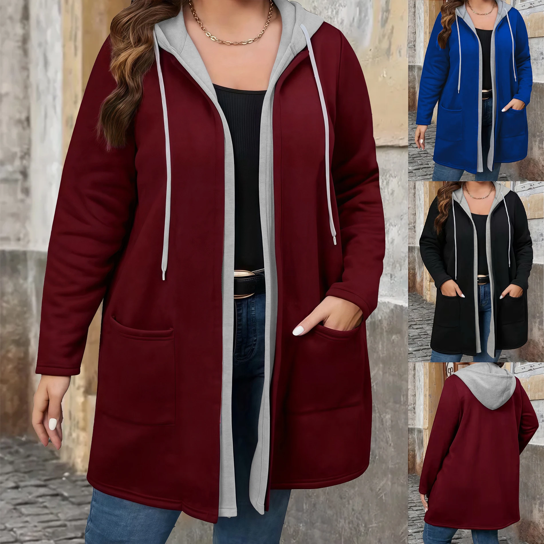 Elegant Solid Color Two-Tone Longline Hooded Cardigan with Pockets and Drawstring, Plus Size Women's Coat for Autumn Winter