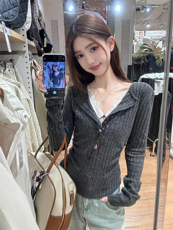Women's Long Sleeve T-Shirt Cotton Lenzing Fabric Brushed Finish Slim Fit Casual Style Lace Splicing V-Neck Breathable Autumn...