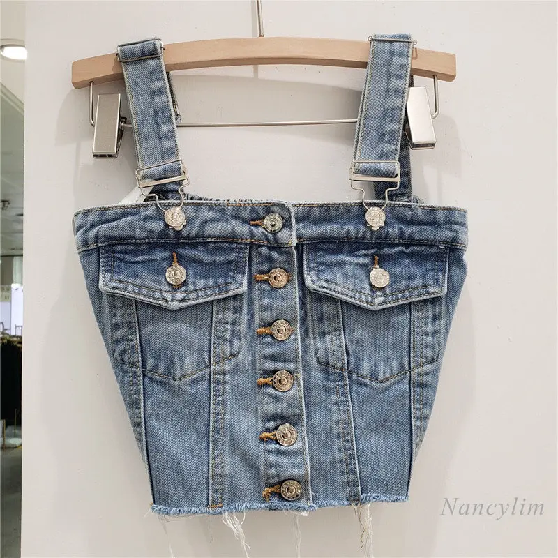 Retro Blue Denim Camisole Women's Summer Wear Hot Girl Sexy Slimming Sleeveless Short Crop Top Lady Holiday Street T2K Tops