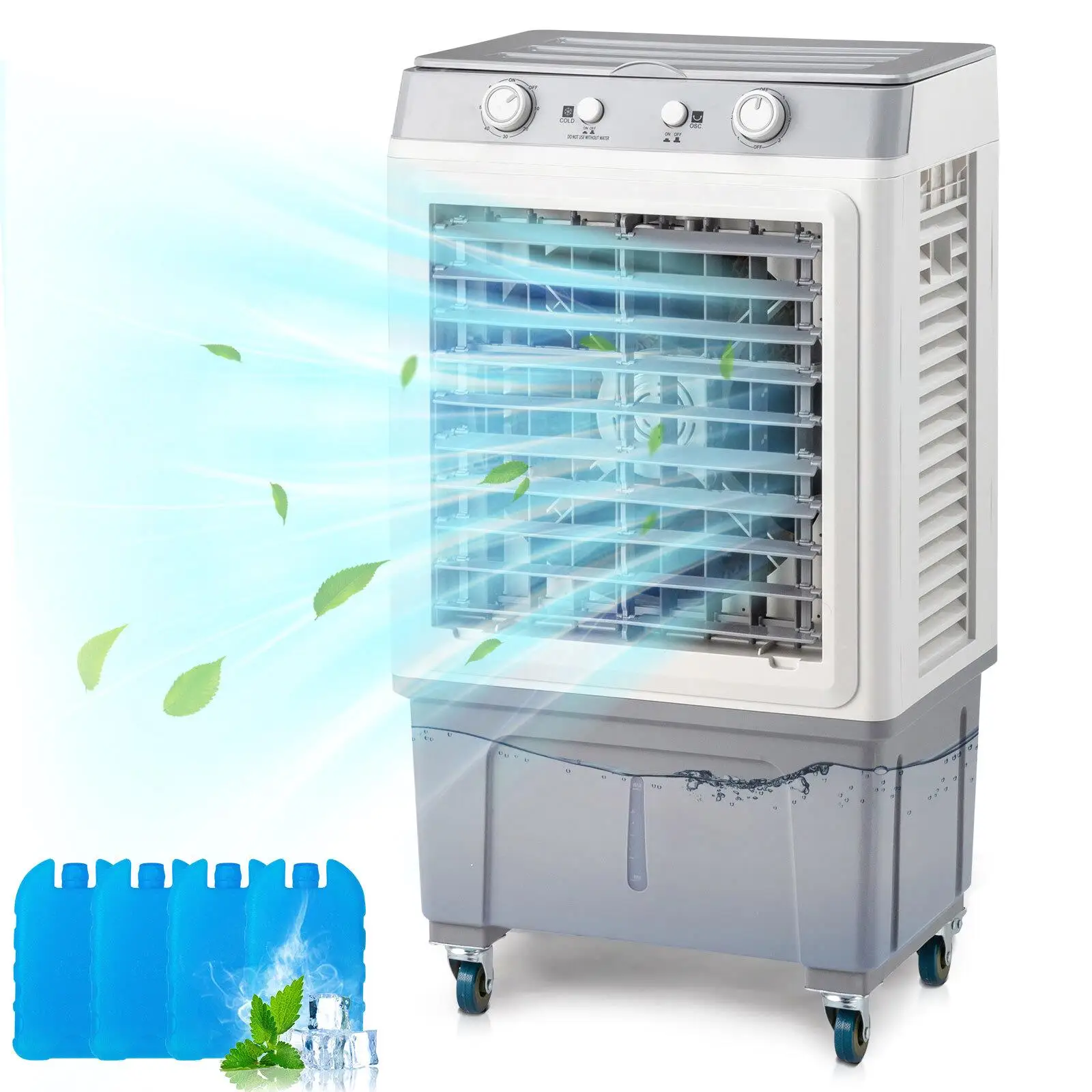 3-in-1 Portable Evaporative Air Cooler - 2353CFM, 7.9 Gal Tank, Indoor/Outdoor Use, 4 Ice Packs, Manual Control, White