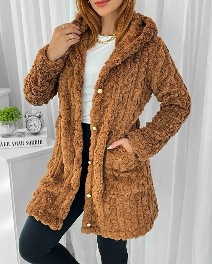 

Women's Casual Cable Textured Button Front Hooded Fuzzy Teddy Coat Daily Clothes Winter New Fashion Womens Thermal Warm Jacket