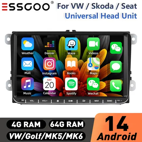 9" Android 14 4+64G Apple CarPlay Car Stereo Radio for VW Golf 5 6 Passat B6 B7 Polo Touran Tiguan Caddy GPS Navi WIFI SWC FM BT