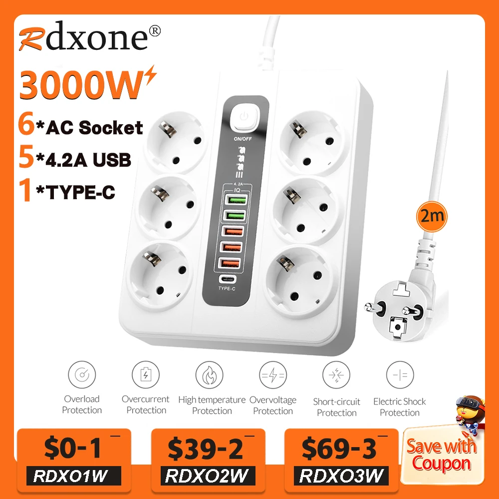3000W EU Plug Strip Socket USB Power Strip USB Charge Station Adapter 6 AC Outlets Power Strip With Switch Extension Socket