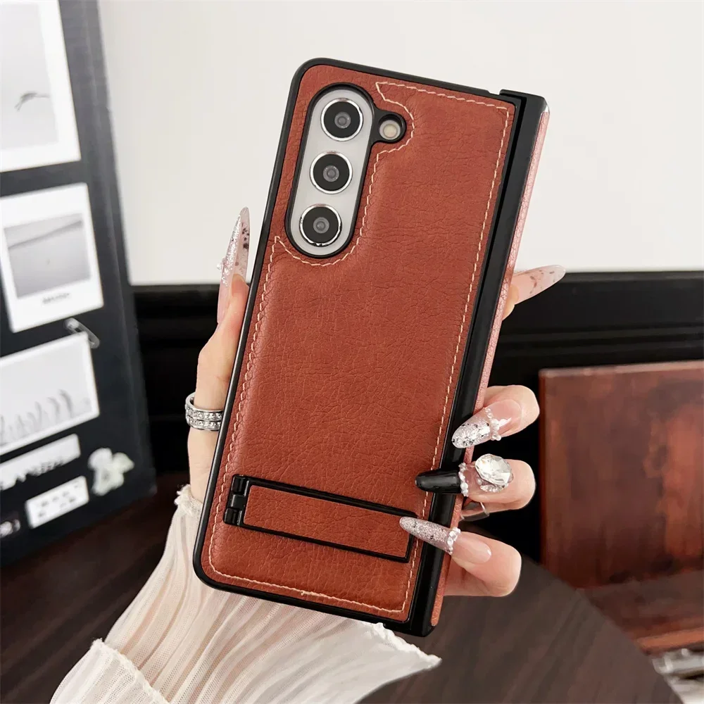 

Luxury Business Sle Hinge Bracket Phone Case for Samsung Galaxy Z Fold 7 6 5 4 3 5G PU Leather Shockproof Protective Back Cover