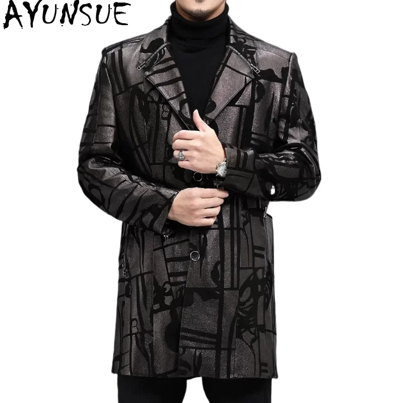 AYUNSUE 100% Sheepskin Genuine Leather Jacket Men Mid-length Fashion Printed Real Leather Trench Coat Man Suit Collar chaquetas