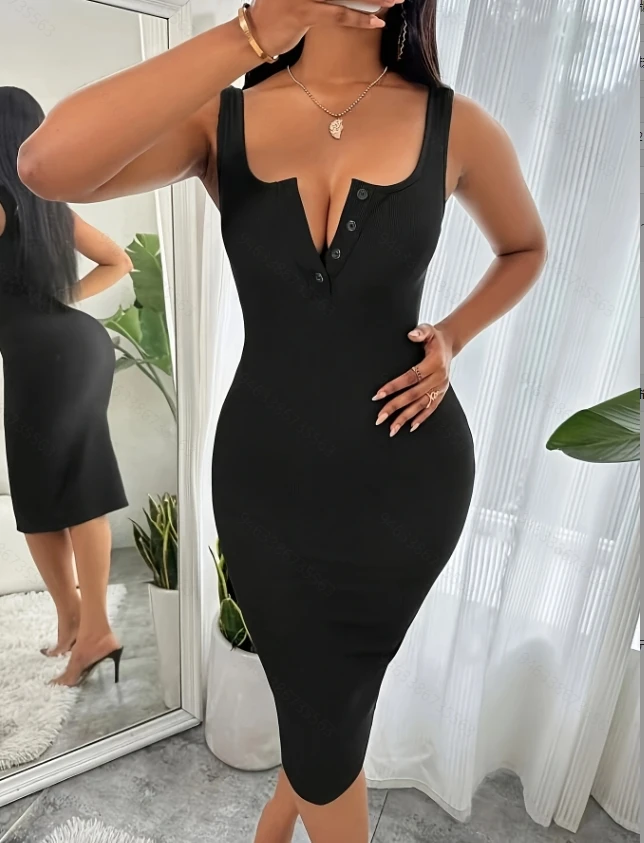 

European and American spring and summer new U-neck open tube with buttons fitted sleeveless casual pure color women's dress