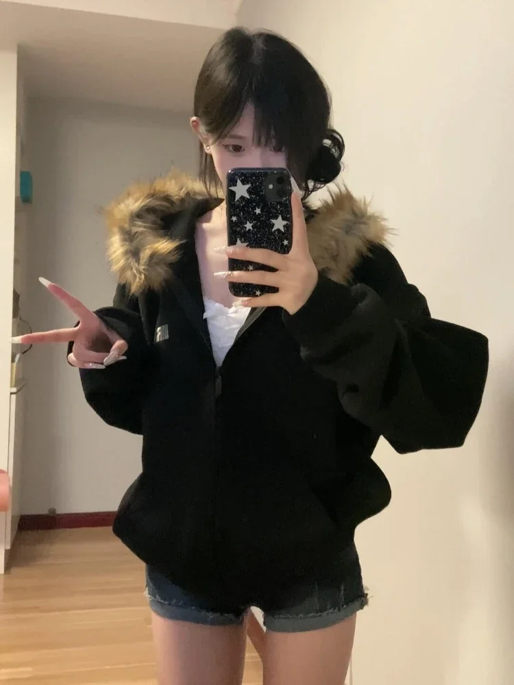 Women Black Zip Up Hoodies Vintage Korean Preppy Style Faux Fur Coat Oversized Casual Sweatshirt Harajuku Autumn Winter