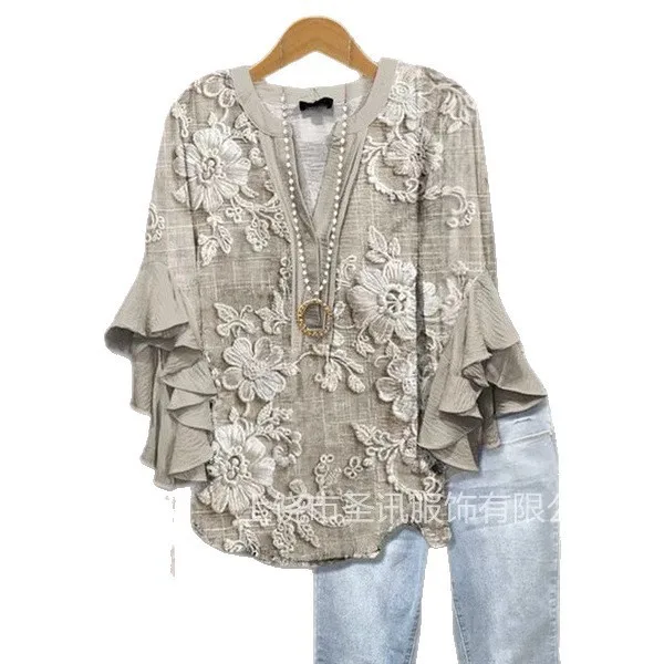 Printed Ruffle Top Regular Length Sweet Fresh with V Fresh Sweet Travel Wear Ordinary Length Fitted Spring V Neck Women T Shirt