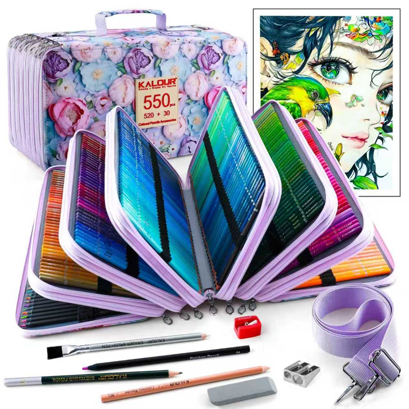 KALOUR 550pcs/Set HB Colored Pencils Portable Pencil Stationery Bag Packaging Professional Color Drawing Sketching Art Supplies
