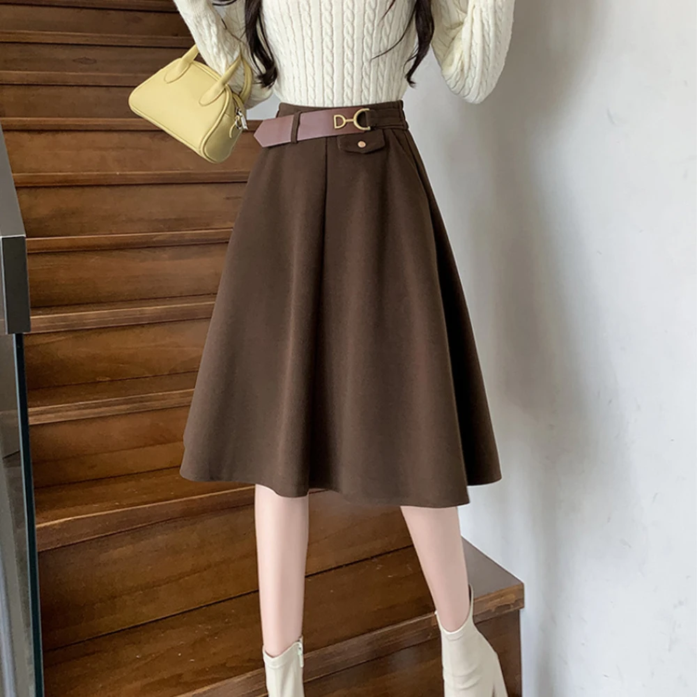 

Winter Women Woolen skirt Elegant Skirt Office Lady Skirts High Waisted Female Pleated Half A-line Long Skirt