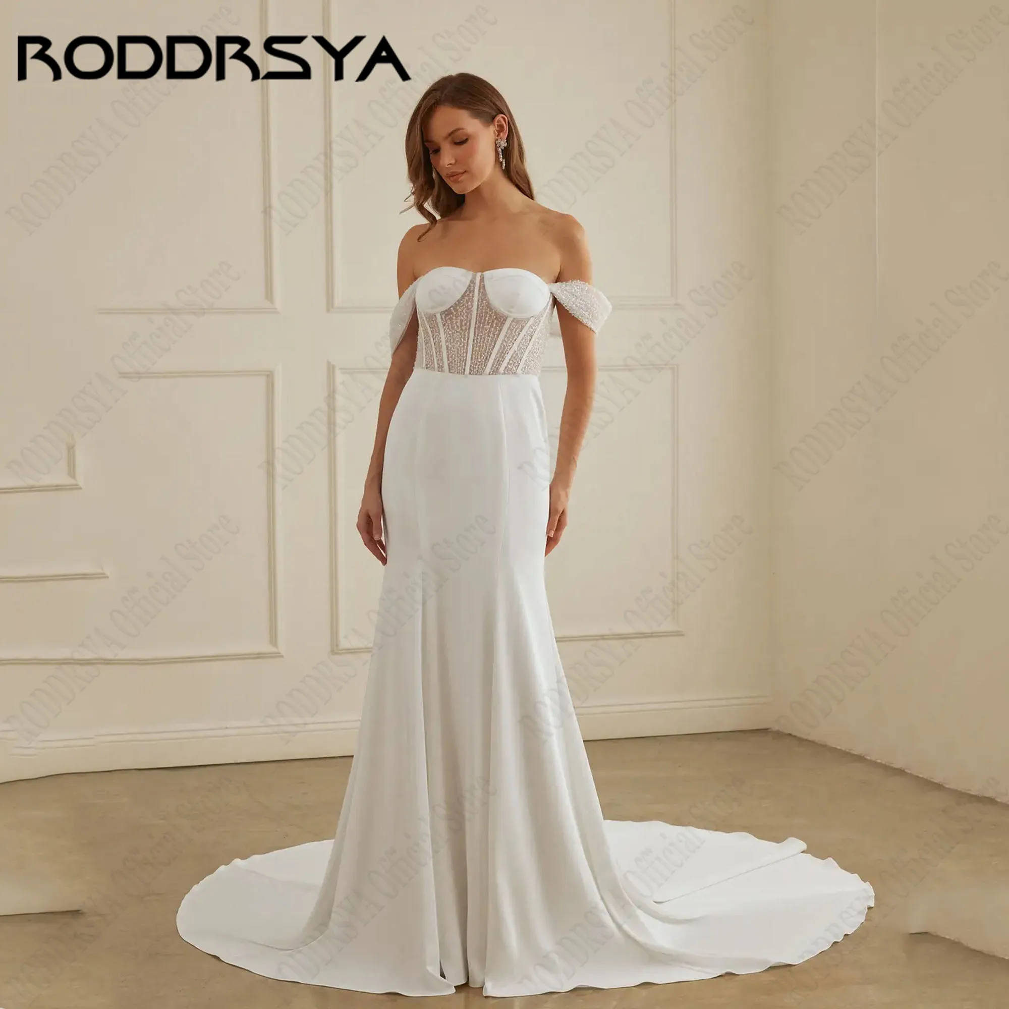 

RODDRSYA Mermaid Satin Wedding Dresses With Detachable Sleeves Off Shoulder Bride Gowns Sweetheart Illusion vestido Customized