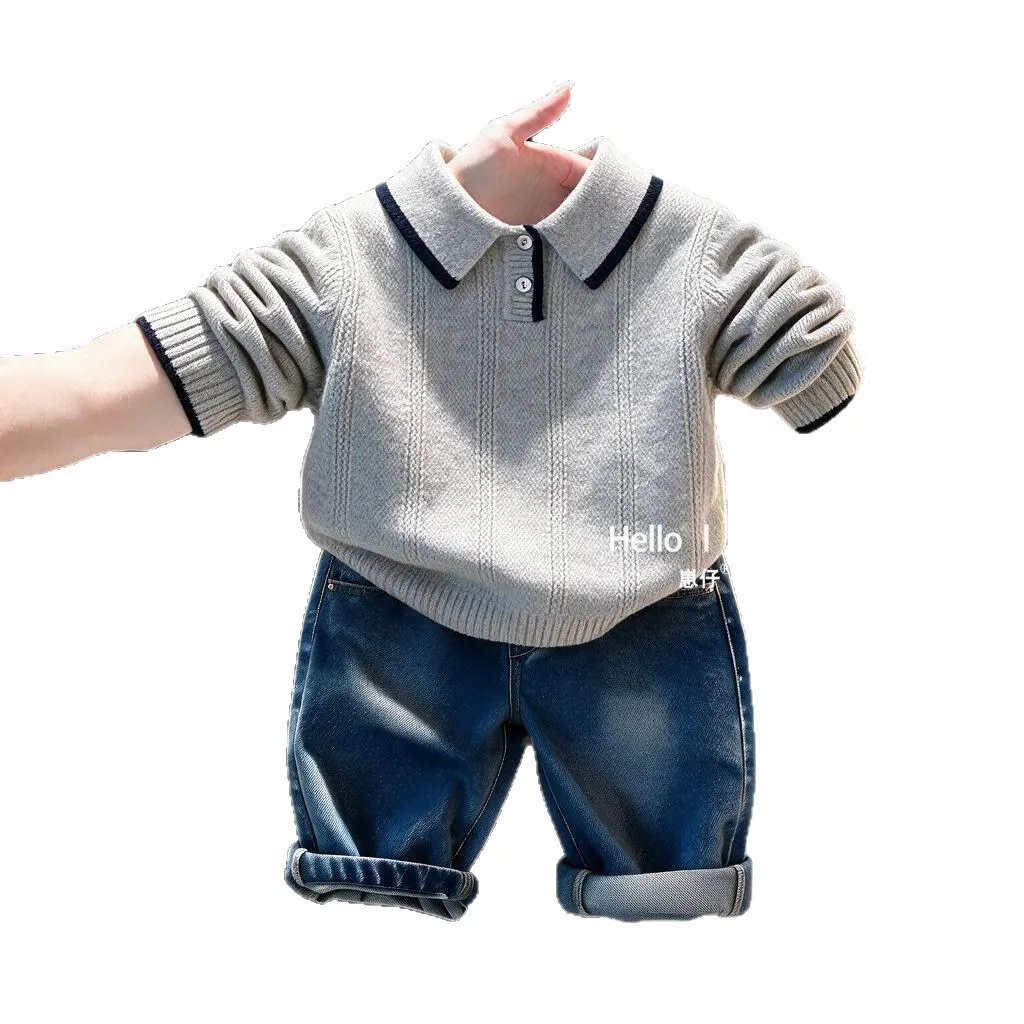 Sweater Children Korean Polo Collar Knitted Sweater with Vertical Stripes Spring and Autumn Soft Glutinous Long Sleeve Sweater
