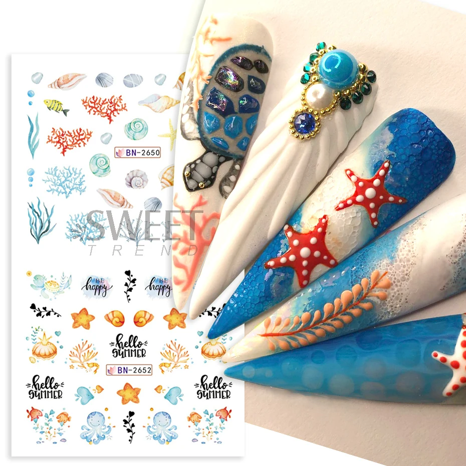 ฤดูร้อนที่มีสีสัน Conch ปลาดาวเล็บสติกเกอร์น้ํา Blue Ocean Theme Marine Life Design DIY แมงกะพรุนเล็บ Watermark Sliders