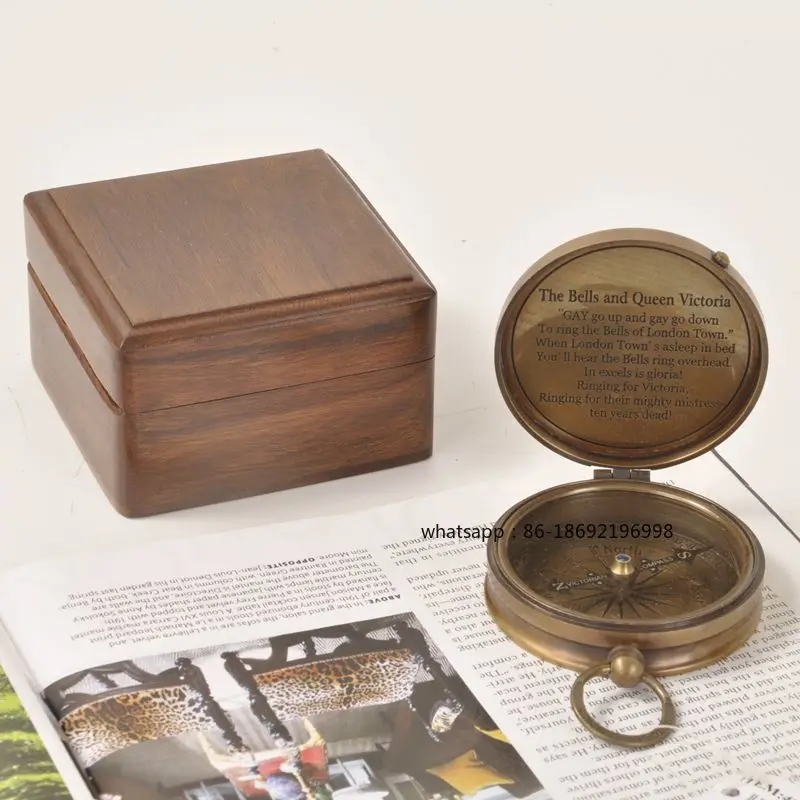 India Imported Retro Nostalgic Wooden Box with Hexagonal Compass Brass Compass Nautical Compass Study Ornament