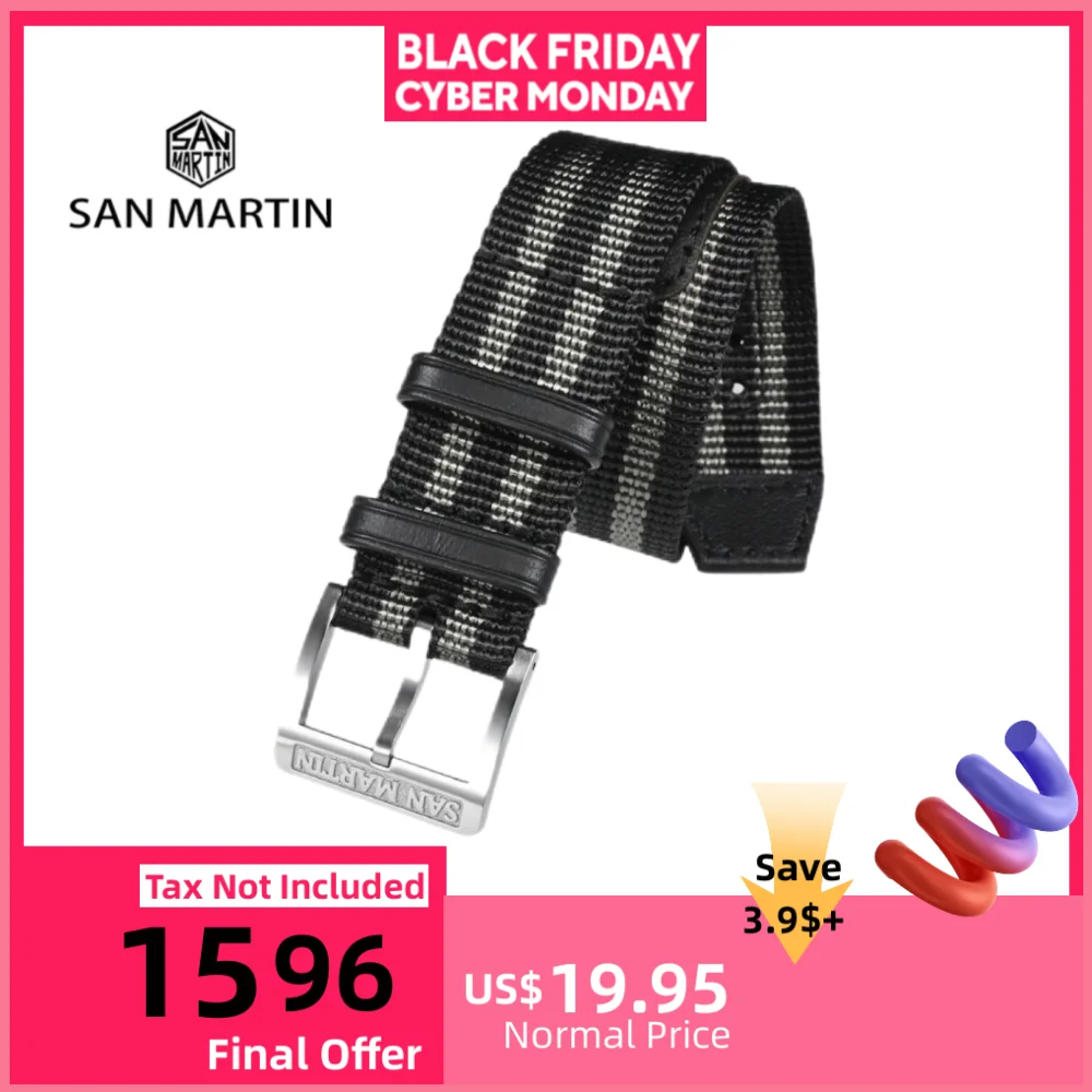 

Ремешок для часов San Martin, цельный нейлоновый ремешок 20 мм, однотонный ремешок из нержавеющей стали 316L с логотипом, пряжка, кожаная петля в стиле ретро, военный SN0105
