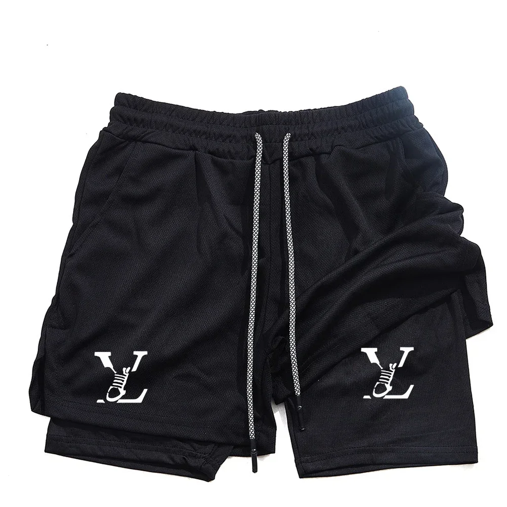 شورت رياضي 2 في 1 بطبقة مزدوجة مطبوع على الموضة للرجال للياقة البدنية والجري والتدريب، شورت سريع الجفاف وجيد التهوية