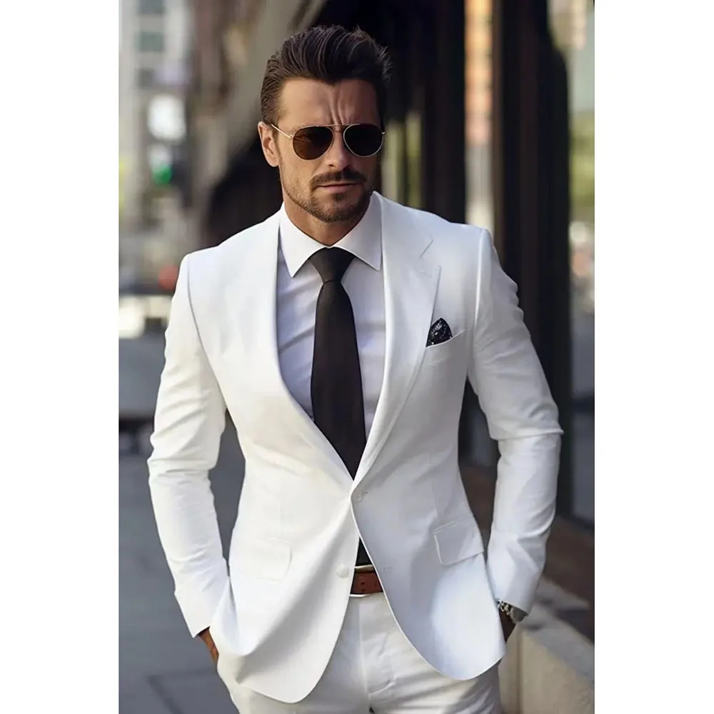 

Pure White Suits For Men Single Breasted Peak Lapel Business Gentleman 2 Piece Jacket Terno Masculino Pants Slim Fit Banquet