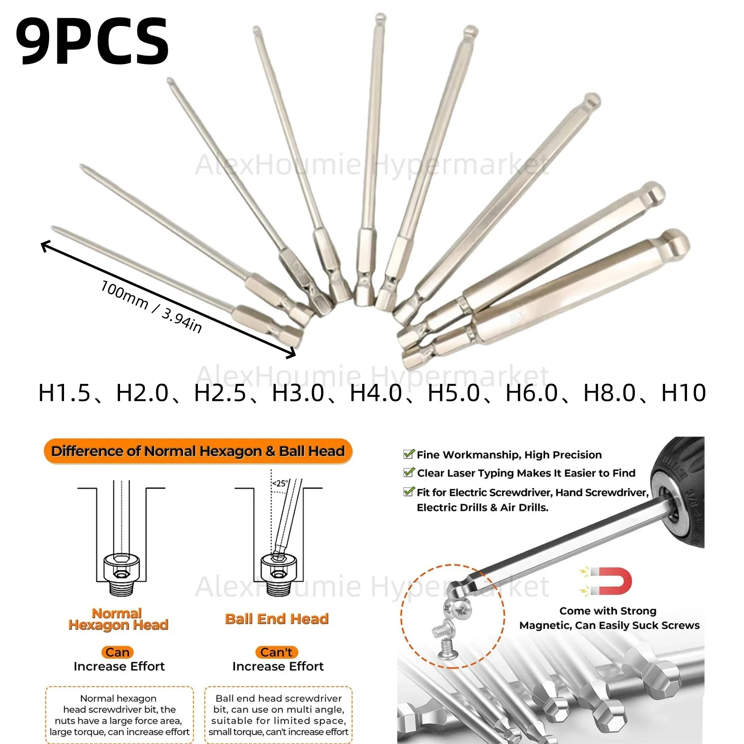 Ball End Hex Head Screwdriver Bits Set 1.5mm 2mm 2.5mm 3mm 4mm 5mm 6mm 8mm 10mm Magnetic Tips 1/4 Inch Hex Shank Length 100mm