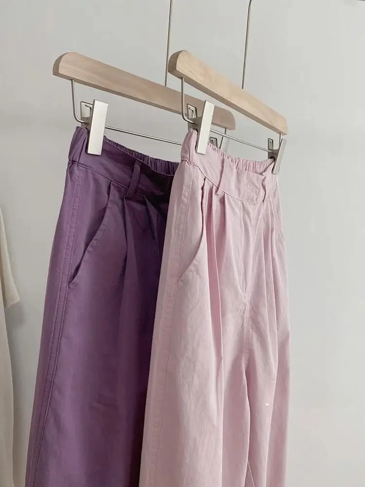 Calça feminina perna larga de cânhamo, algodão roxo, calça reta fina, solta, Harlan Rabanete, casual, primavera