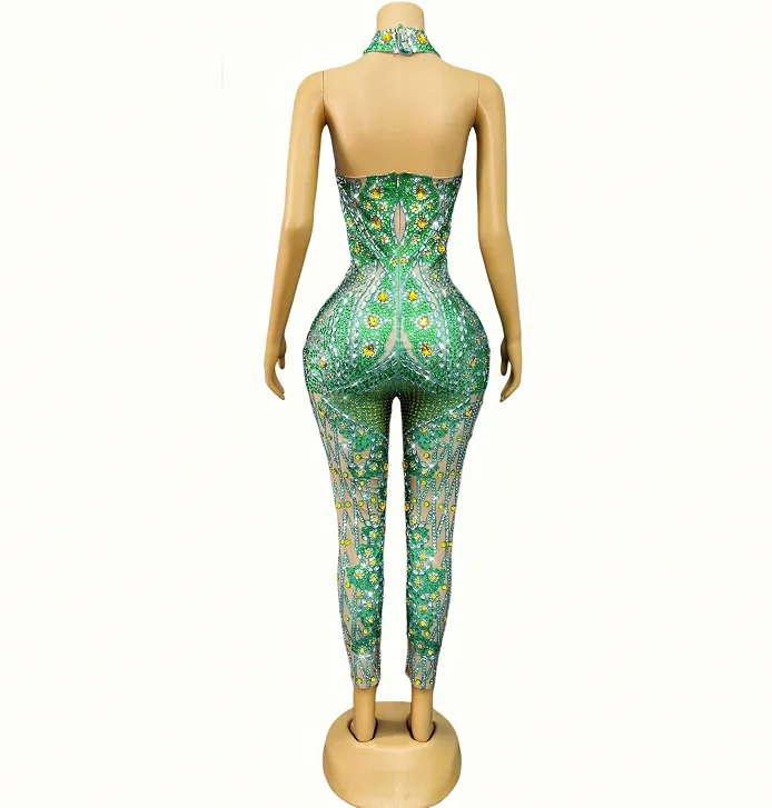 Festa comemorar mostrar moda roupa cantor dançarino desempenho palco traje sexy luxo projetado brilhante strass macacão