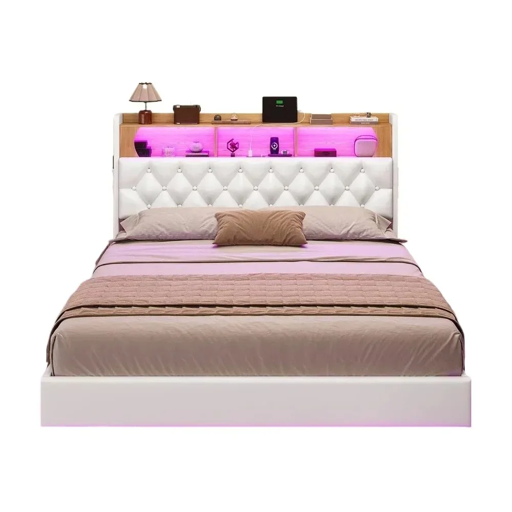 Nordic Modern luxury Leisure Style Floating Bed Frame with LED Lights & Storage Headboard, Platform with Charging Station
