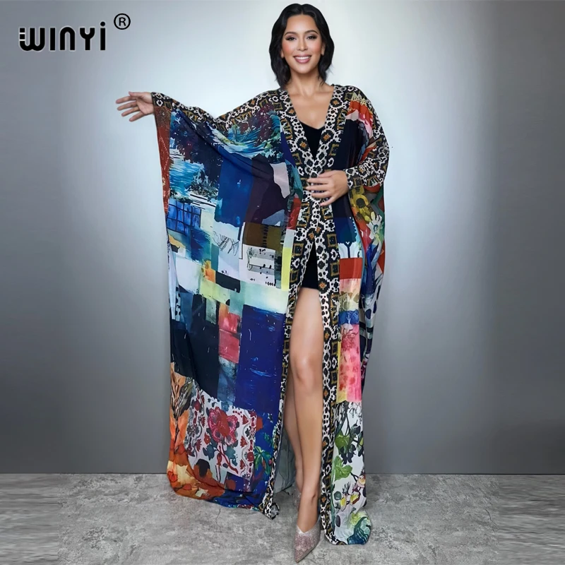 WINYI Africa boho print Kimonos loose dresses for woman Cardigans beach outfits kaftan beach cover up evening dress maxi coat