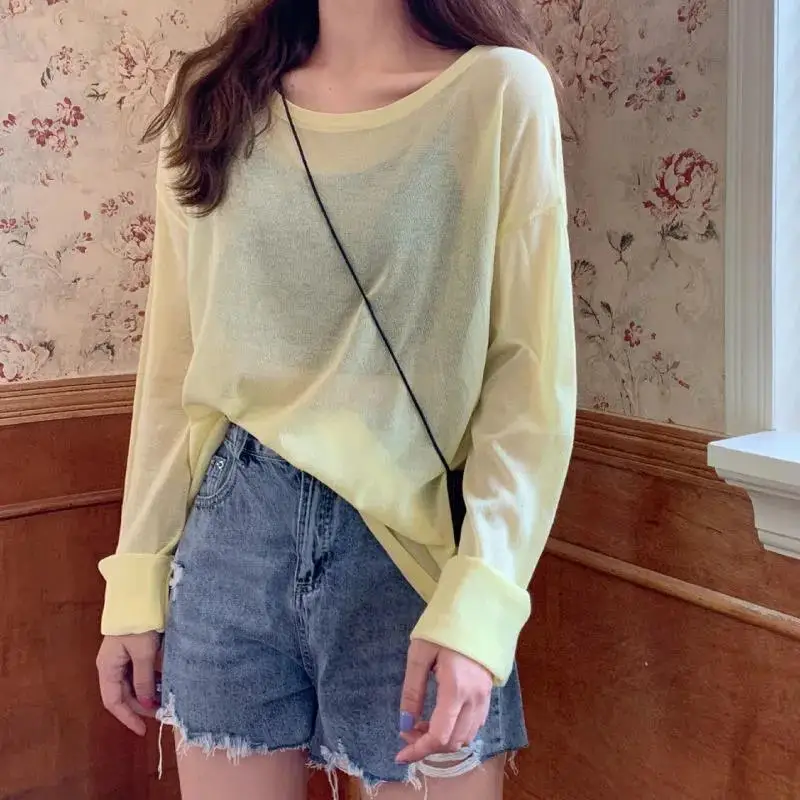 Ice Silk Summer New Loose Korean Simplicity T Shirts Long Sleeve Solid Color Street Casual Tops Tees Sweet Fashion Women Clothes