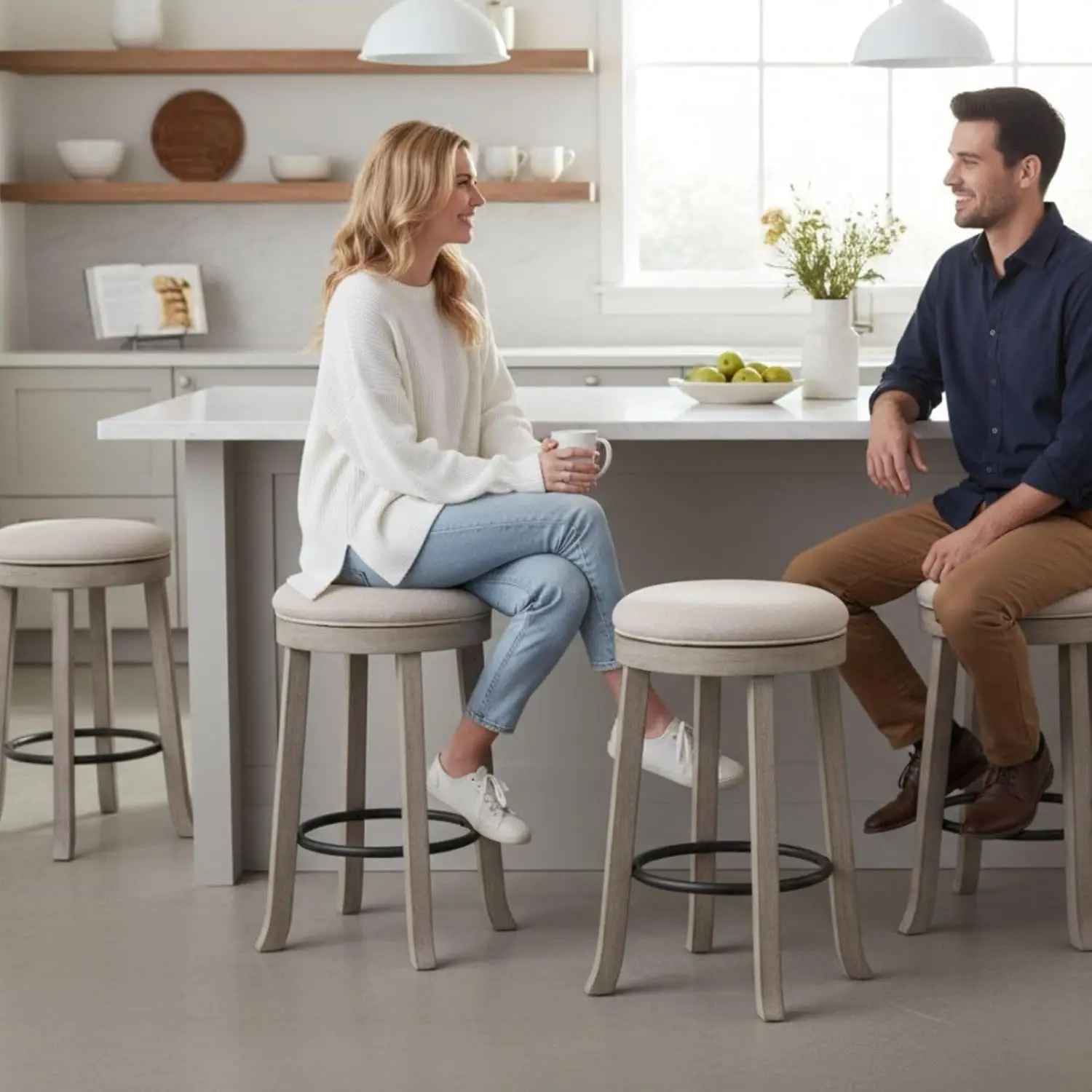 

Farmhouse Linen Round Bar Stools Set of 4, 360° Swivel 25.6" Counter Height Stools with Solid Wood Legs Backless, Customized