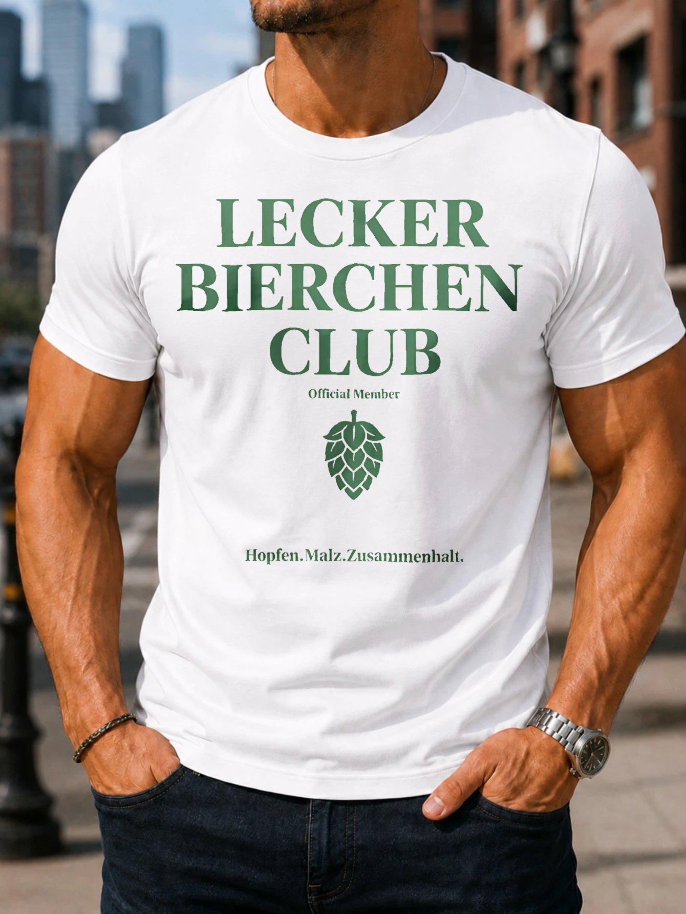 T-shirt unisexe avec illustration audacieuse du membre d'un club de bière allemand, avec cône de houblon vert et slogan d'unité