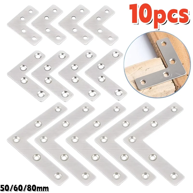 10Pcs Stainless Steel Flat Corner Brace,L-Shaped Bracket Connector,Support Fixing Plates for Repairing Cracks & Loose Furniture