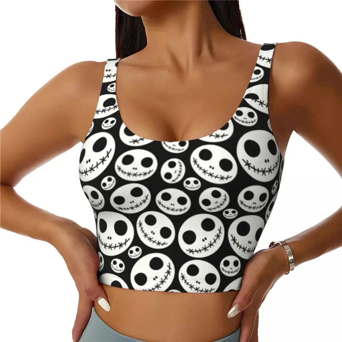 

Custom Women's Halloween Skeleton Jack Skellington Sports Bras The Nightmare Before Christmas High Impact Yoga Crop Tank Tops