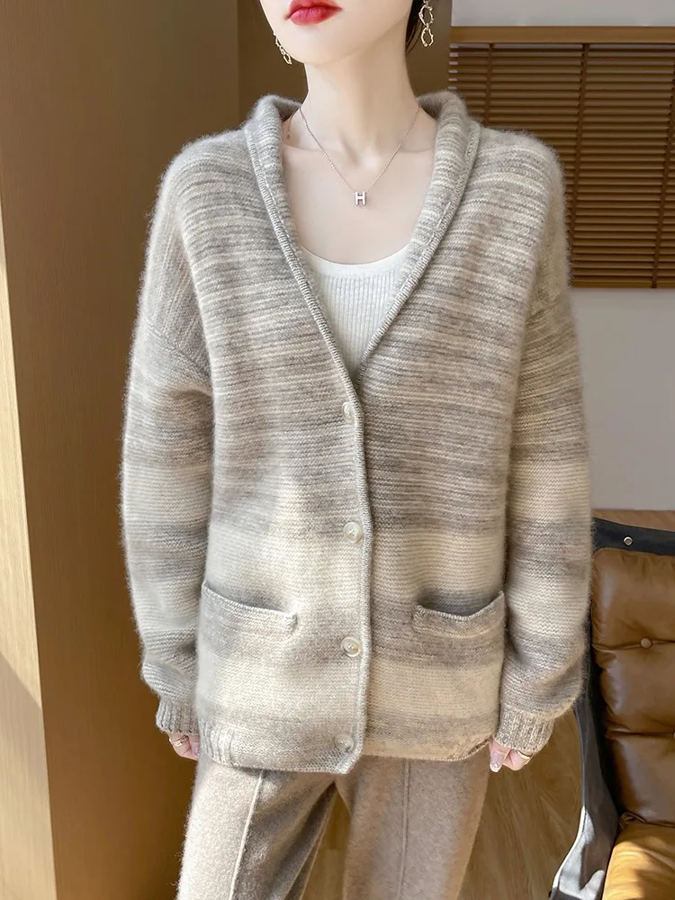 High Quality Office lady Autumn Winter Sweater 100% Merino Wool Knitted Jacket Fancy yarn Cardigan Classic Cashmere Outerwears