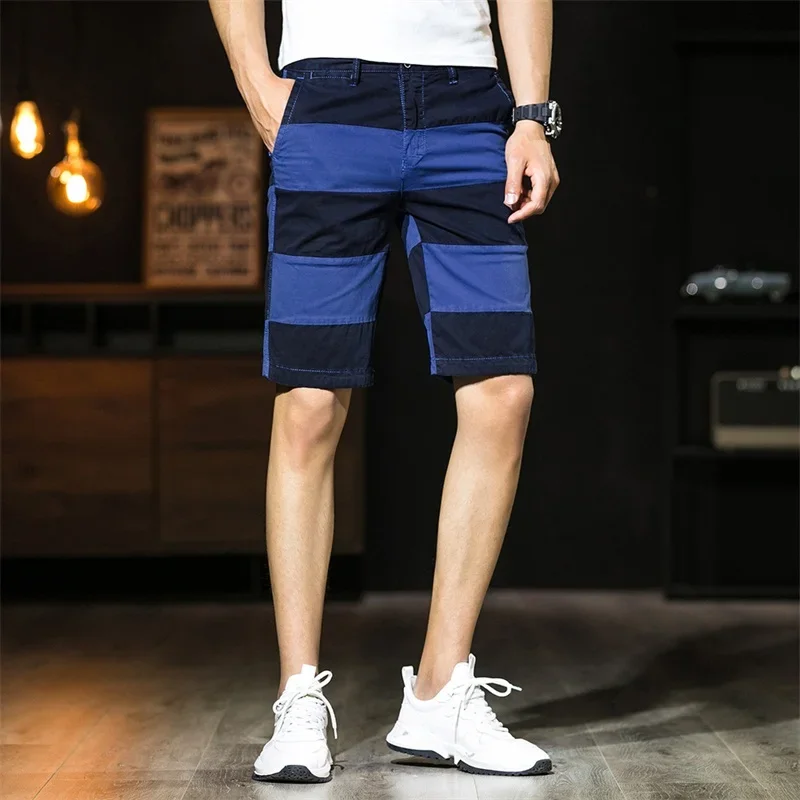 

New Arrival Summer Men's Cargo Shorts Patchwork Shorts Cotton Casual Half Pants Mid Waist Striped Loose Shorts Outdoor Overalls