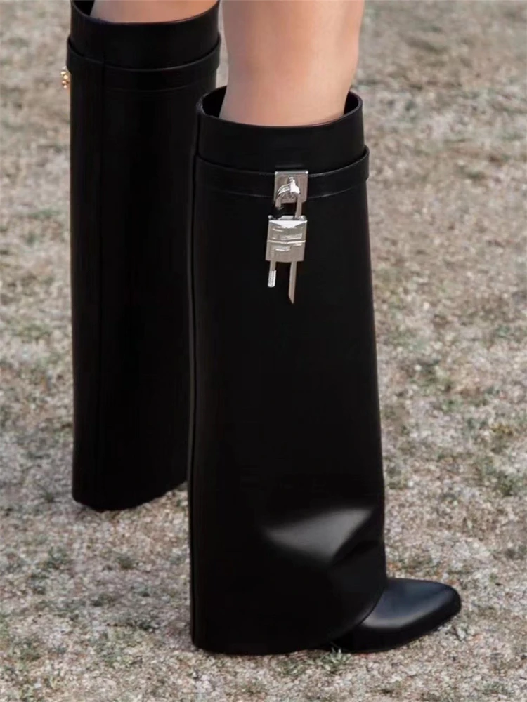 Black Shark Boot Women's Slimming over Knee High Fashion Lock Buckle Boot Winter New Style Ultra Thin Fiber round Toe Rubber ...