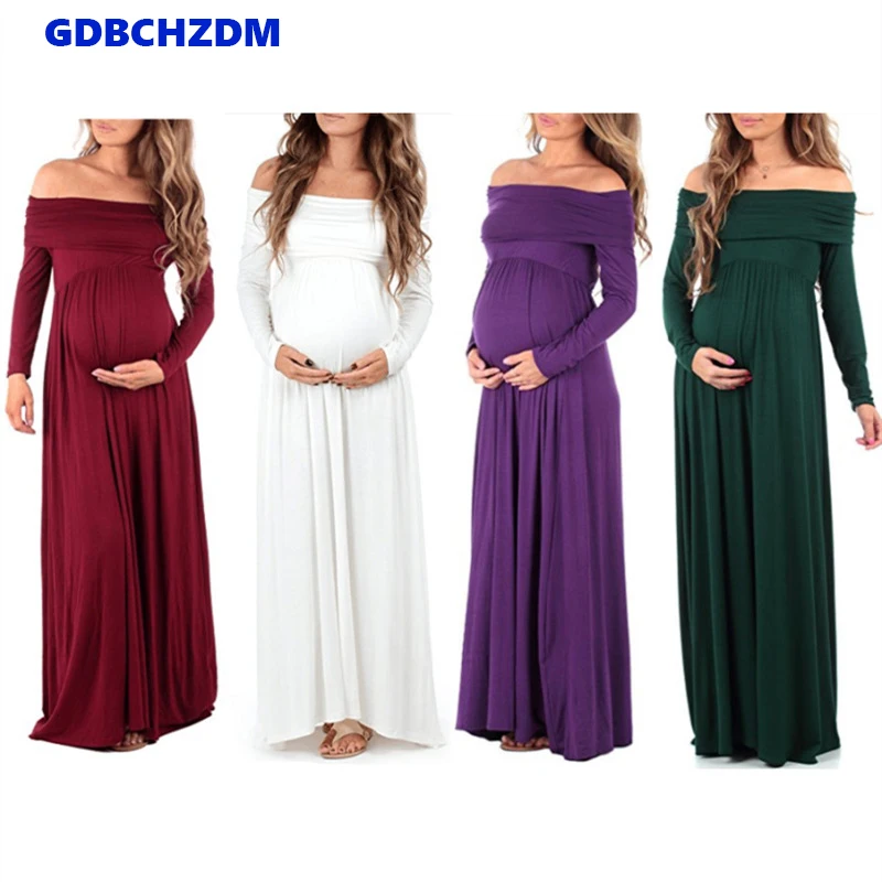 

New Mother Dress One Word Collar Maternity Dress Sexy Fashion Long Sleeve Mopping Long Skirt Pregnant Women Photo Clothing