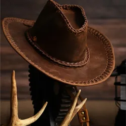 Handmade Pure Cowhide Cowboy Hat Crazy Horse Leather Outdoor Leisure Cap Men's Sun-Shade Knight