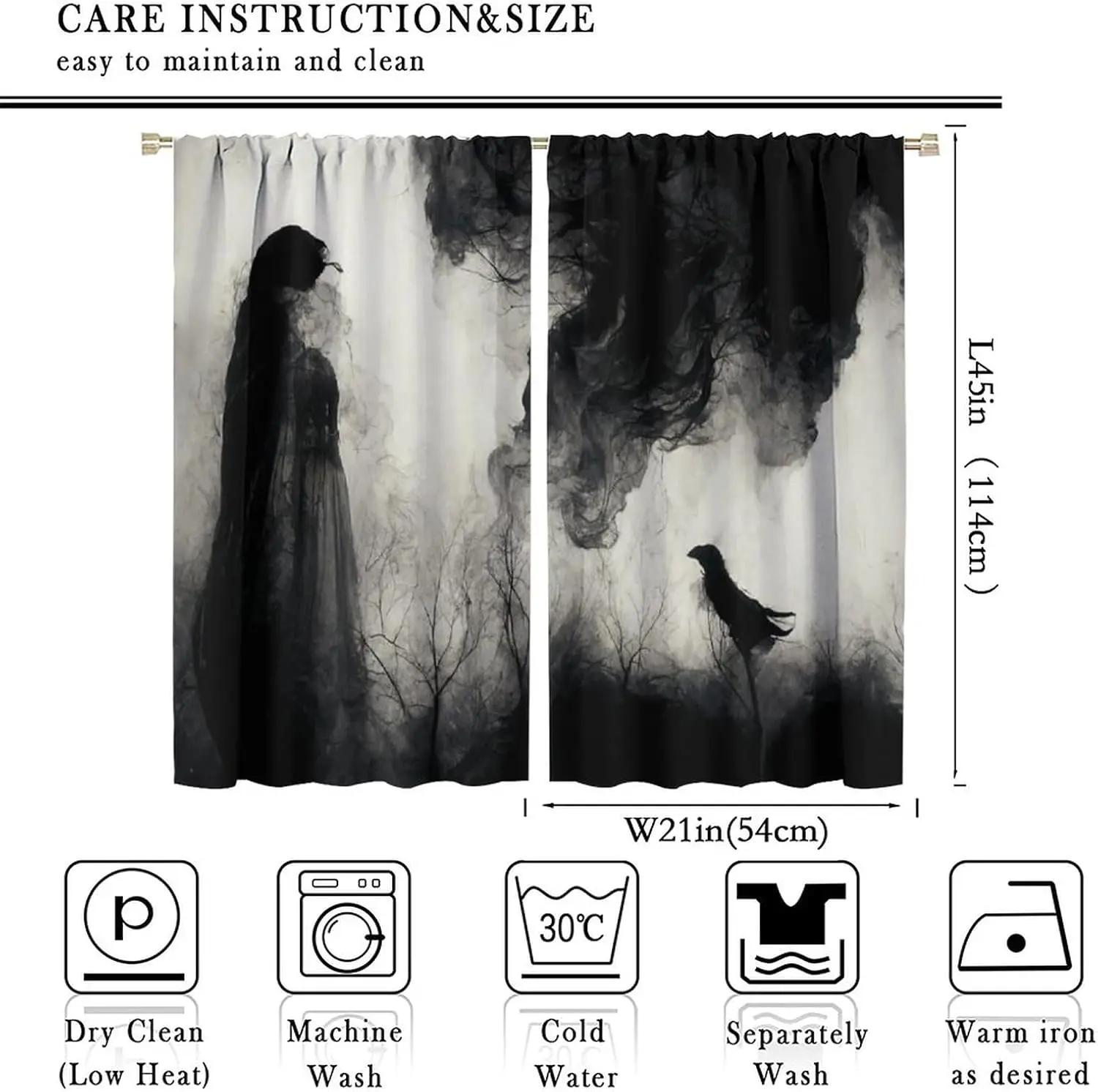 Gothic Ghost Crow Curtains 2 Panels, Ink Smoke Lady Silhouette Dead Tree Monochrome Window Drapes for Halloween Bedroom Decor