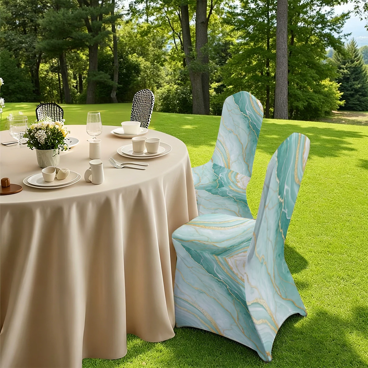 2D Elegant Marble Print Stretch Chair Cover, Full Coverage Slipcover for Hotel/Home/Outdoor Use, Elastic & A