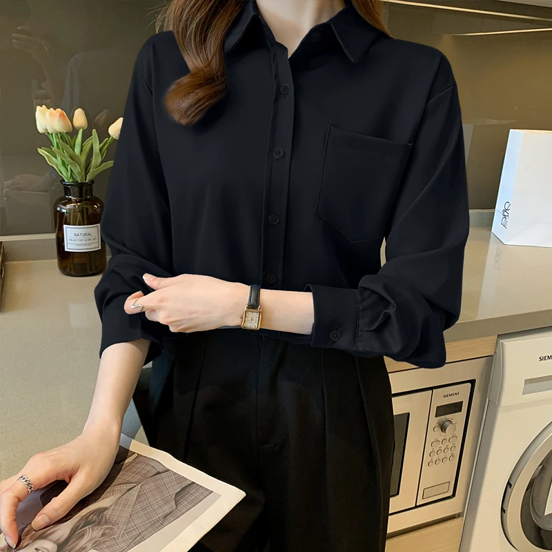 Women Spring Simplicity Office Lady Solid Color Polo-Neck Long Sleeve Shirts Ladies Casual All-match Appear Thin Pocket Tops