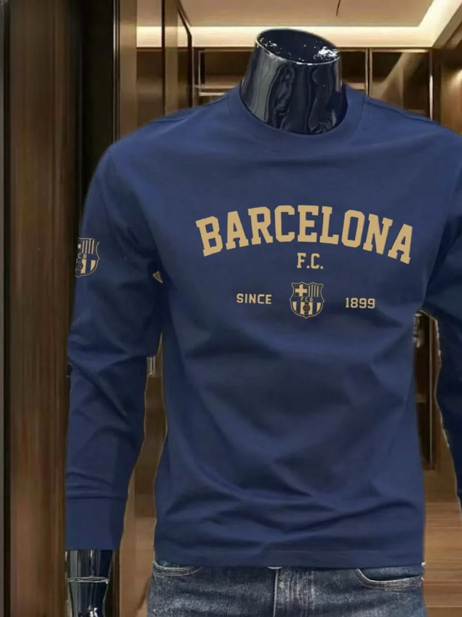 Cseta Masculina Casual de Manga Longa em Aodão Puro Pesado, Estilo Barcelona, Decote Redondo, Ajuste Solto, Absorvente d...