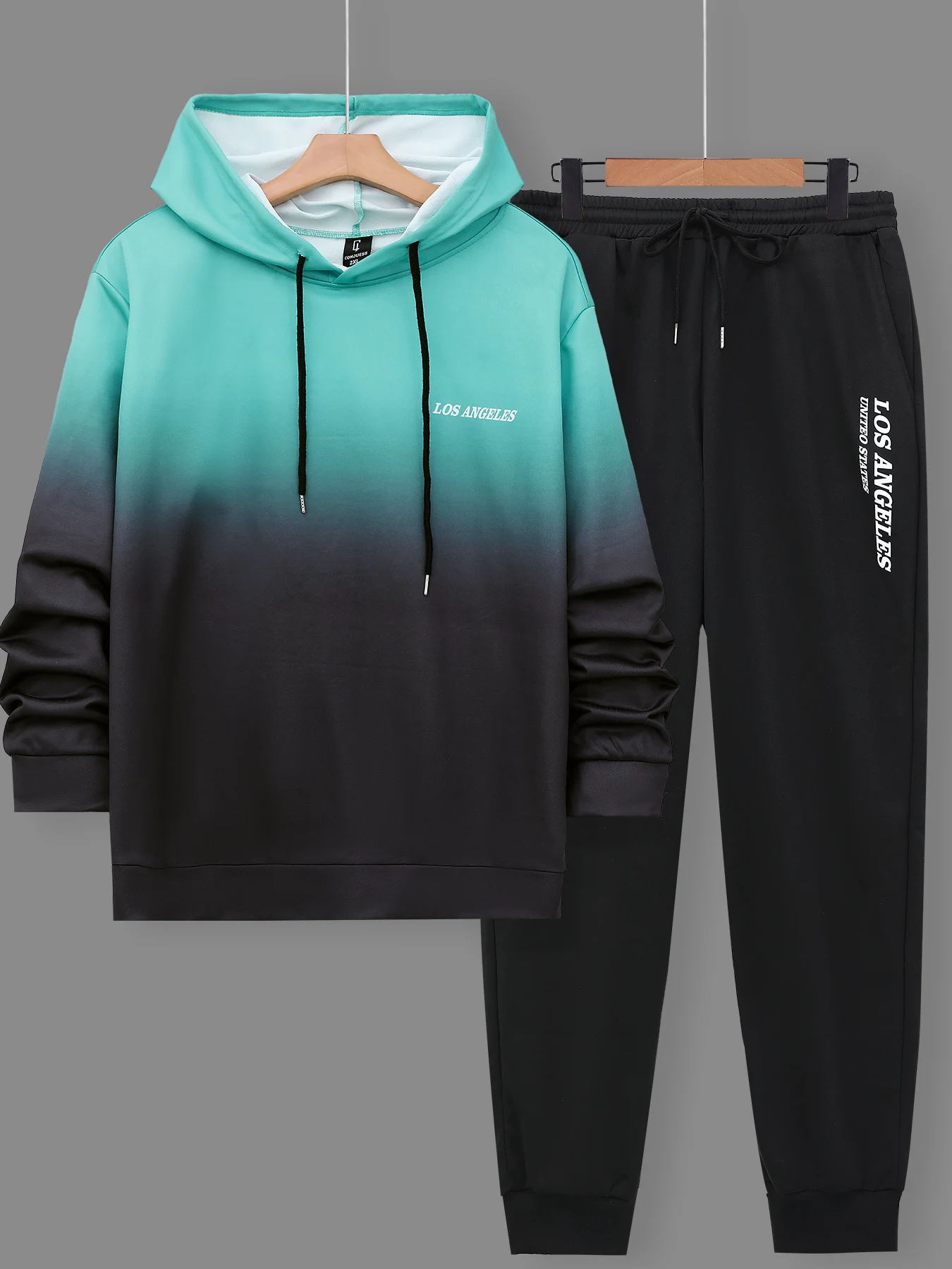 

Men's Plus Size Teal Black Ombre "Los Angeles" Print Tracksuit Set 2 Piece Hoodie & Jogger Pants Casual Outfit