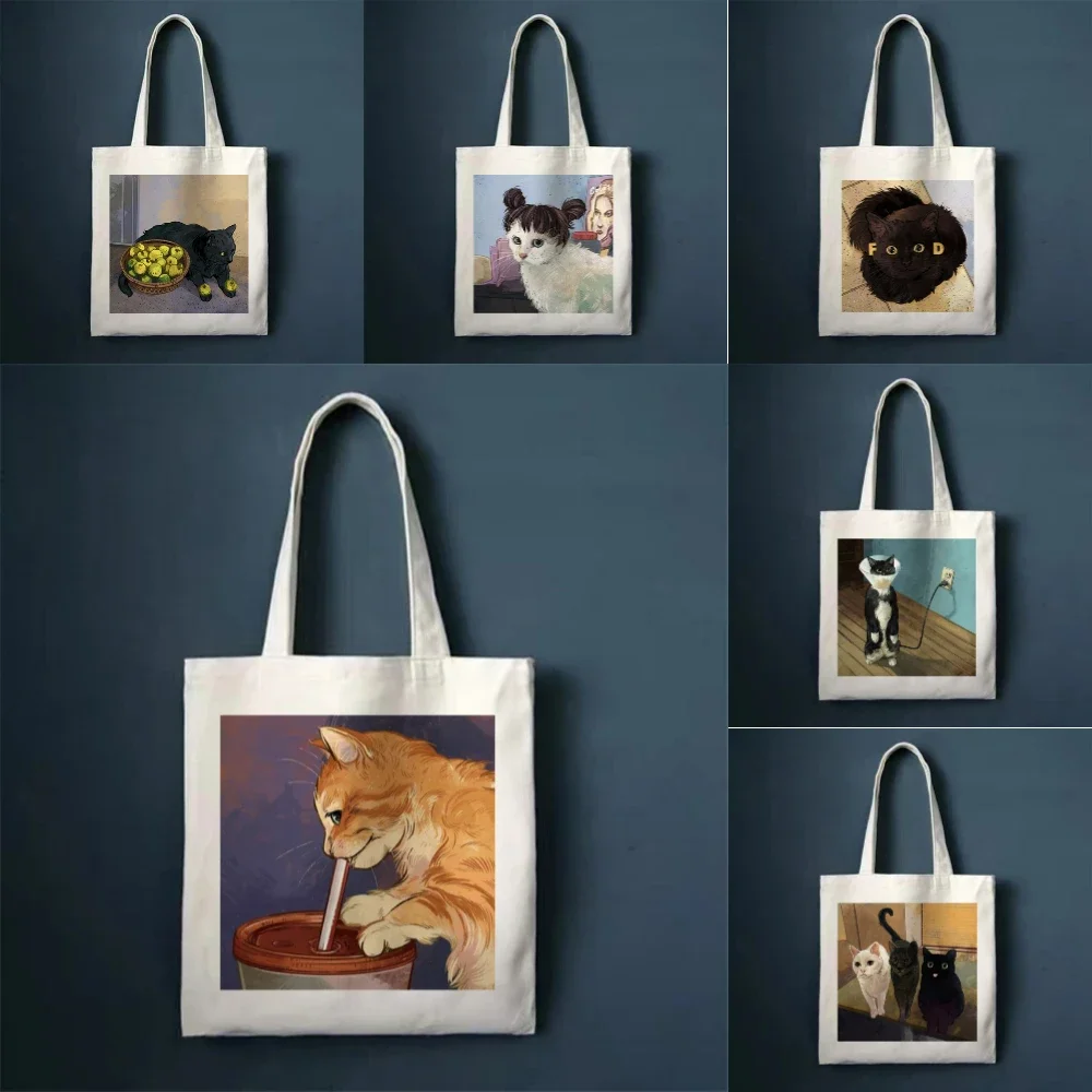 

1pc Kawaii Cat Cartoon Funny Print Canvas Bag Study Work Travel Shoulder Bag Durable Shopping Handbag Women Yoga Bag Daily Use